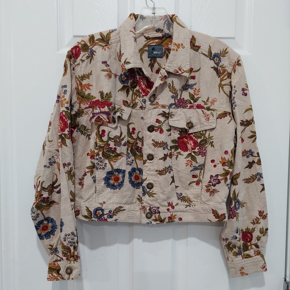 Vintage 90s Liz Wear Colorful Floral Linen Blend Beige Button Up Casual Jacket
